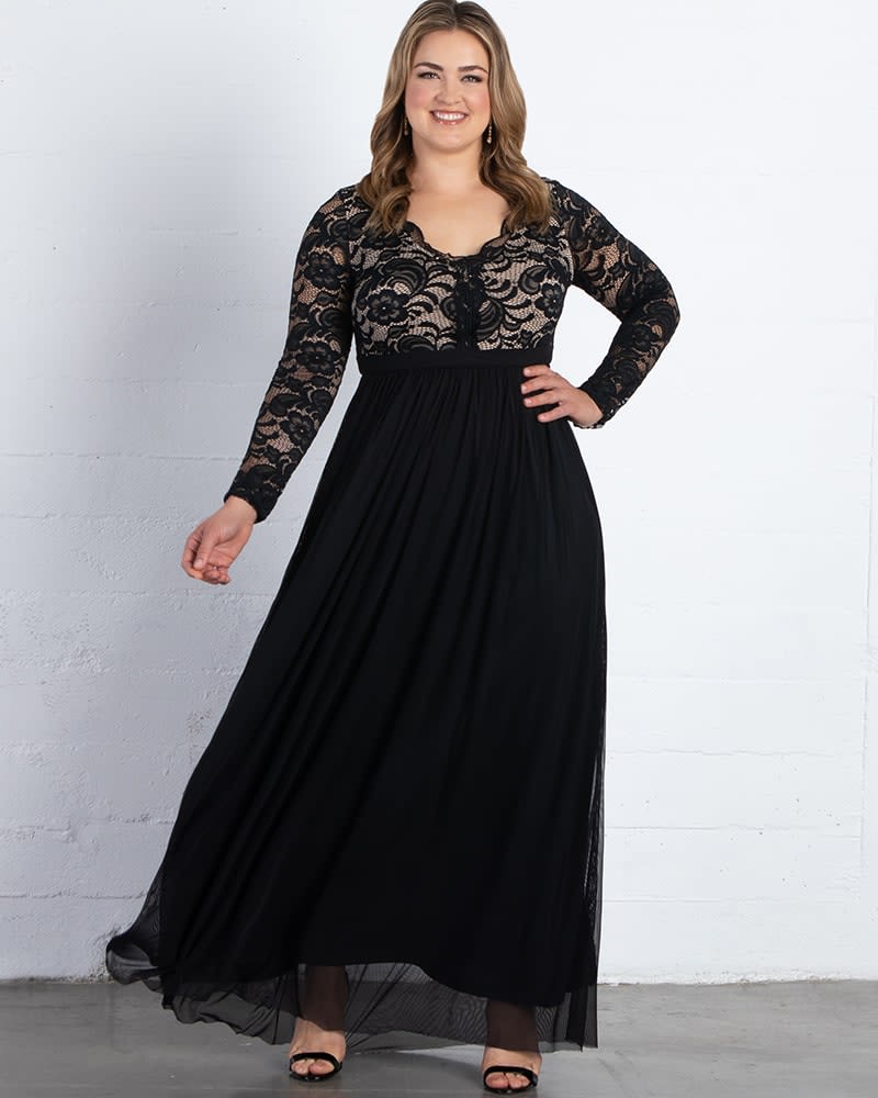 Front of a model wearing a size 0X Jasmine Lace Evening Gown in ONYX by Kiyonna. | dia_product_style_image_id:226973